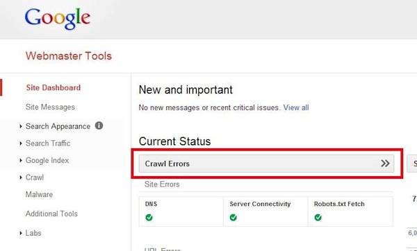 Google Webmaster Tools Crawl Errors Section