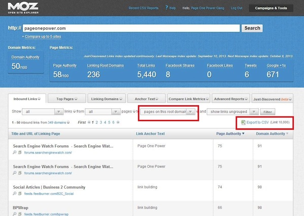 Pages on this root domain export to CSV